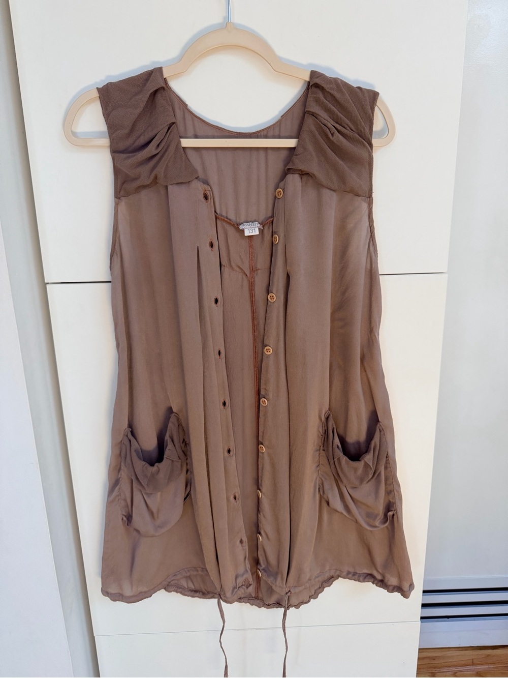 Transit Par-Such 100% Silk Taupe Draped Button Front Tunic Top Size US-Medium